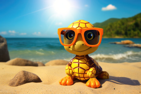 Illustration of turtle on the beach with sunglasses, AI generatedの素材