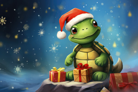 Illustration of turtle with Christmas gifts, AI generated imageの素材