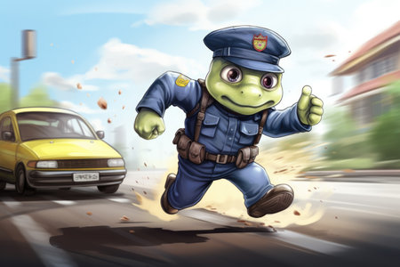 Illustration of police turtle running on the street, AI generatedの素材