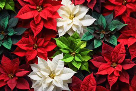 Poinsettias in bloom grouped together forming a unique compositionの素材