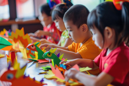 Group of asian kids playing with colorful paper windmill in kindergartenの素材