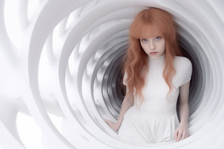Portrait of a beautiful red-haired girl in a white dress in a tunnelの素材