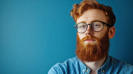 Portrait of a red-haired man with glasses and a blue shirtの素材