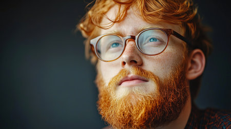 Close-up portrait of a red-bearded young man with glasses.の素材