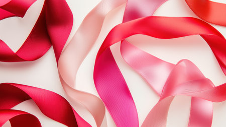 Red and pink ribbons isolated on white background. 3d illustrationの素材