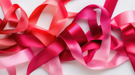 close up of pink and red ribbon on white background with copy spaceの素材