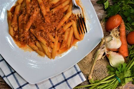 italian dish pasta bolognese sauce with meatの写真素材