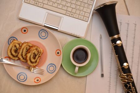 computer music cake cup of coffe pen notesの写真素材