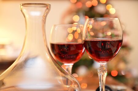 two red wineglass and bottel decanter for drinkの写真素材