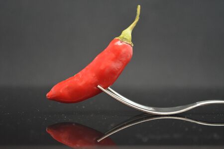 hot red chili pepper on metal fork on black backgroundの写真素材