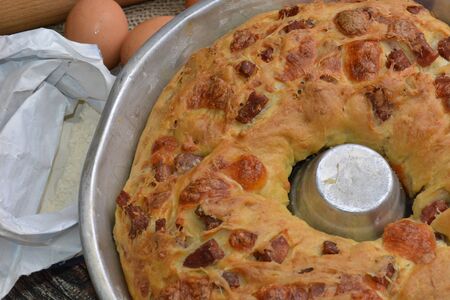 italian salted traditional cake tortano with pork salami cheese eggs italian food