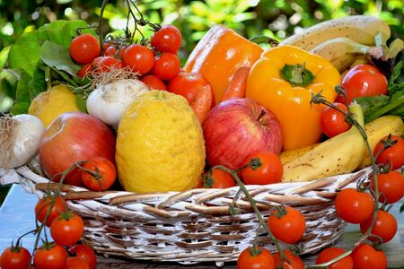 basket of fruit and fresh vegetablesの写真素材