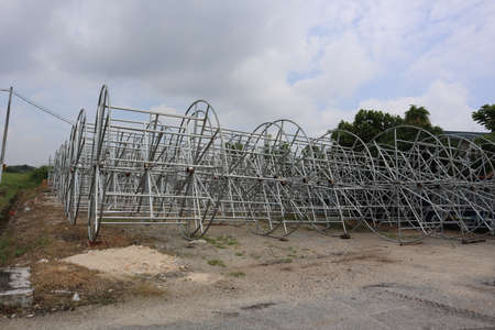 JOHOR, MALAYSIA-JUNE 23, 2021: Broadband cable drums stored in open space in front of the factory area.のeditorial素材