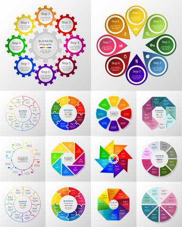 Big vector circle infographic set. Business diagrams, round arrows graphs, puzzle presentations and charts. Data infographics with 8 options, parts, steps, cycle processes.のイラスト素材