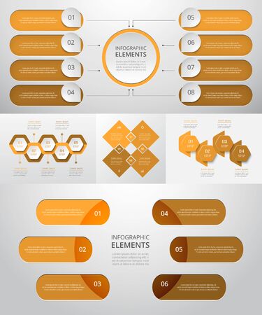 Bundle infographic elements data visualization. Vector template with 4, 5, 6, 8 options. Can be used for presentations, business processes, workflow, diagram, flowchart, timeline, marketing, trainingsのイラスト素材