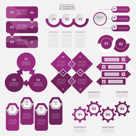 Bundle infographic elements data visualization. Vector template with 2, 3, 4 options. Can be used for presentations, business processes, workflow, diagram, flowchart, timeline, marketing, trainings.のイラスト素材