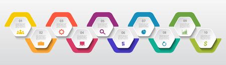 Vector business template for presentation. Abstract elements of graph, diagram and chart with 10 steps, options, parts or processes. Creative concept for infographic.のイラスト素材