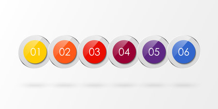 Timeline infographics template with circles shape. Business process line with 6 numbers, options or steps.のイラスト素材
