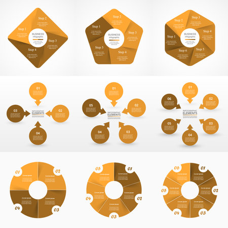 Set of orange circle infographic elements with 4, 5 and 6 options, parts or steps.のイラスト素材