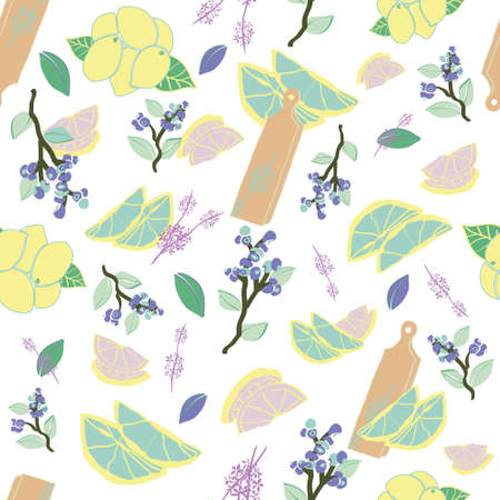 Vector white seamless repeat pattern with lemon, blueberries, herbs, and cutting boards.  Great for restaurant menus, aprons, food and kitchenware.の写真素材