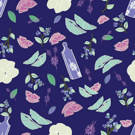 Vector navy seamless repeat pattern with lemons, blueberries, leaves, herbs and cutting boards.  Great for kitchenware, houseware, aprons, wallpapers, gift wrappings or party events.の写真素材