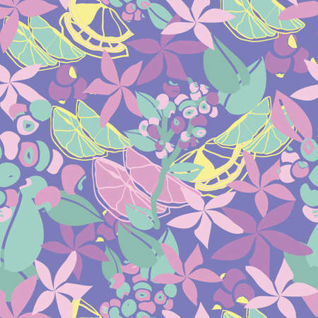 Vector purple seamless pattern with wild flowers, lemons and berries. Great for clothing, wallpaper, kitchenware, house ware, weddings, invitations, floral designs and party events.のイラスト素材