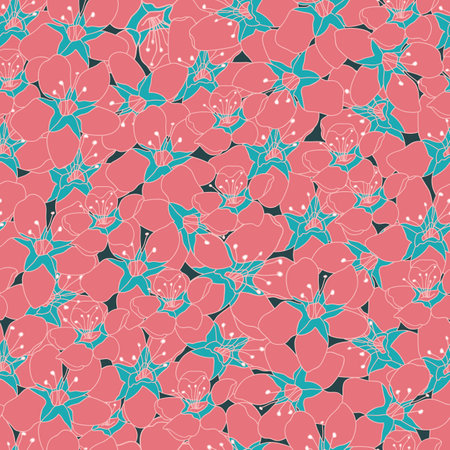 Blossoming multi layer flowers seamless pattern on deep sea green print. Vector illustration. Great for clothing, home decoration, accessories, stationary and surface patterns.のイラスト素材
