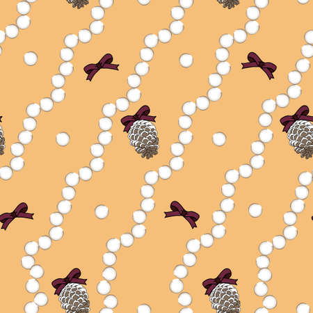 Holiday 2020 pearls, ribbons and pine cones on yellow orange background. Vector illustration. Great for clothing, home , holiday decoration, accessories, stationary and surface patterns.の写真素材