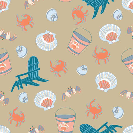 Nautical beach seamless pattern theme with seashells, beach chairs, buckets and crabs on taupe background. Vector illustration. Great for clothing, home decoration, accessories, stationary and surface patterns.のイラスト素材