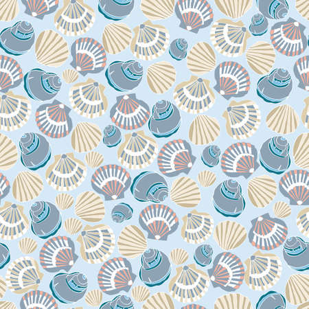 Nautical beach seamless pattern theme with multi seashells on sky blue background. Vector illustration. Great for clothing, home decoration, accessories, stationary and surface patterns.のイラスト素材