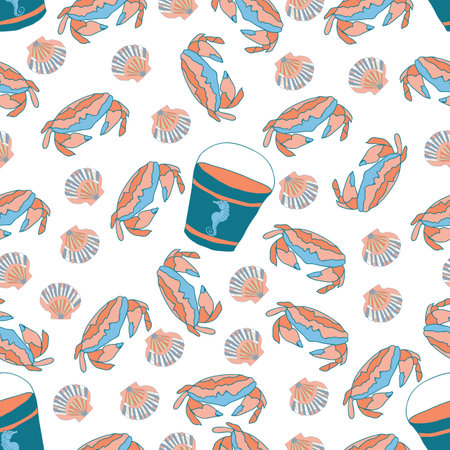 Nautical theme seamless pattern with buckets, shells and crabs on white background. Vector illustration. Great for clothing, home decoration, accessories, stationary and surface patterns.のイラスト素材