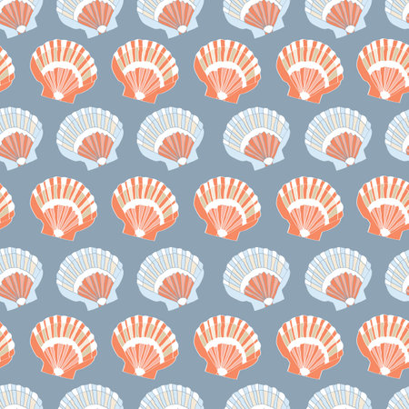 Nautical theme seamless pattern with flat shells on slate blue background. Vector illustration. Great for clothing, home decoration, accessories, stationary and surface patterns.のイラスト素材