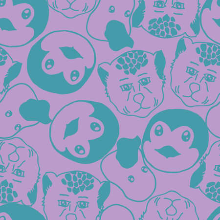 Childrens novelty geometric animal faces pattern on soft lavender background. Illustration. Great for clothing, home decoration, accessories, stationary and childrens clothing.のイラスト素材