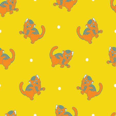 Childrens novelty shapes with baby tiger and polka dots pattern on yellow background. Illustration. Great for clothing, home decoration, accessories, stationary and childrens clothing.のイラスト素材