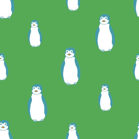 Childrens novelty penguins in checker pattern on green background.. Illustration. Great for childrens clothing, home decoration, accessories, stationary and childrens clothing.のイラスト素材