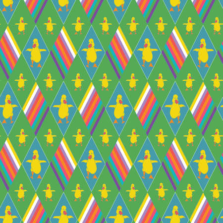 Childrens novelty shapes with many duck pattern on green background. Illustration. Great for clothing, home decoration, accessories, stationary and childrens clothing.のイラスト素材