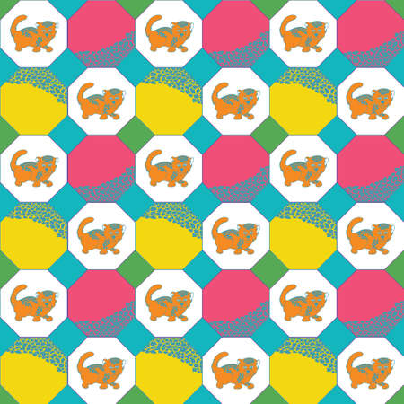 Children's novelty geometric shapes with cheetahs and octagon pattern on turquoise background.. Illustration. Great for children's clothing, home decoration, accessories, stationary and children's wallpaper.のイラスト素材