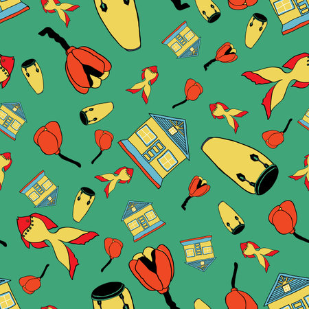 Caribbean folk art with fish, fruits, house and drums on green background. Illustration. Great for clothing, home decoration, accessories, stationary and childrens clothing.のイラスト素材