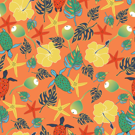 Caribbean folk art with coconut, flowers, turtles and starfish on orange background.. Illustration. Great for clothing, home decoration, accessories, stationary and childrens clothing.のイラスト素材