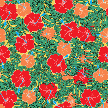 Caribbean folk art with flowers and palm leaves on yellow background. Illustration. Great for clothing, home decoration, accessories, stationary and childrens clothing.のイラスト素材