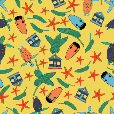 Caribbean folk art with turtles, house, and drums on yellow background. Illustration. Great for clothing, home decoration, accessories, stationary and childrens clothing.のイラスト素材