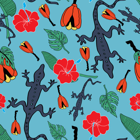 Caribbean folk art with lizard, fruits and island leaves on blue background. Illustration. Great for clothing, home decoration, accessories, stationary and childrens clothing.のイラスト素材