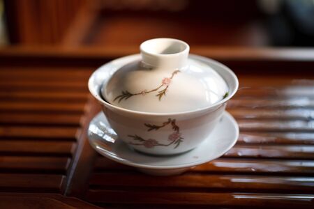 a china teacup on a tableの写真素材