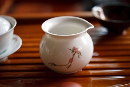 a china teacup on a tableの写真素材