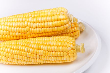 some corn on a white porcelain dish on a white backgroundの写真素材