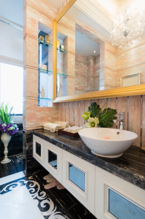 luxury bathroom with sink shelf and mirrorの写真素材