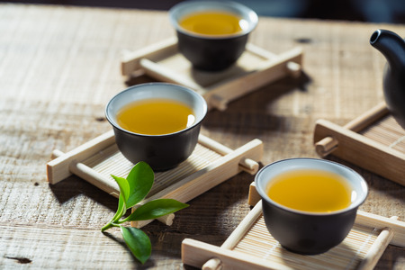 close up the green tea in teacupの写真素材
