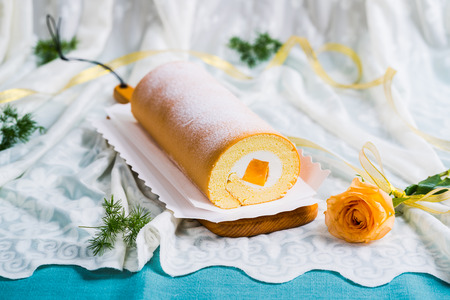 Swiss roll on a tableの写真素材