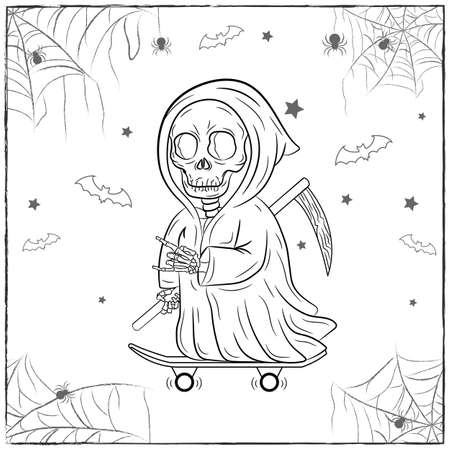 happy Halloween scary and spooky drawing sketch for coloringのイラスト素材