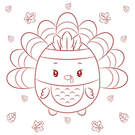 cute thanksgiving turkey drawing sketch with leaves backgroundのイラスト素材